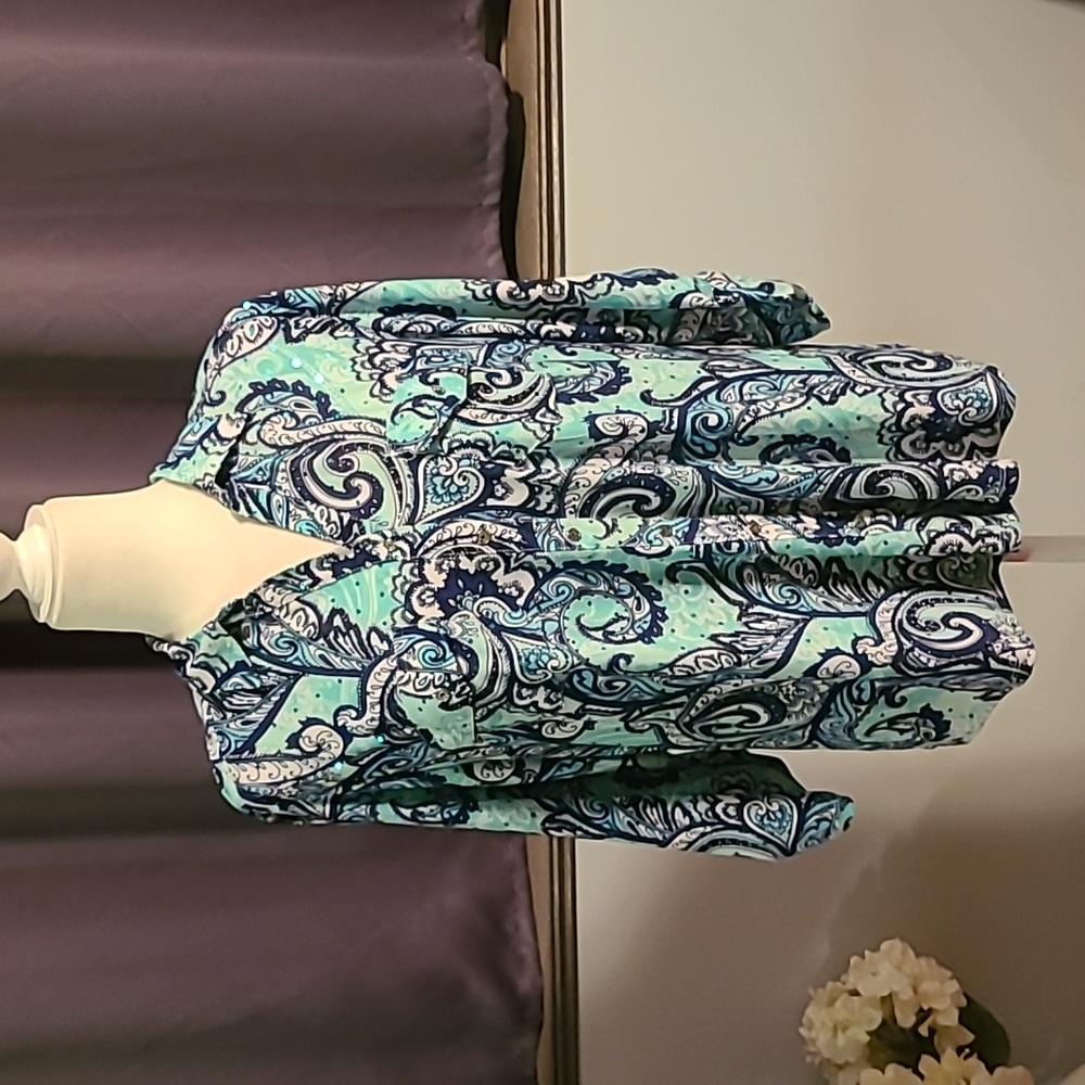 Emily Daniels Embellished Paisley Print Blouse - Mint Green And Navy - Large - Picture 2 of 10